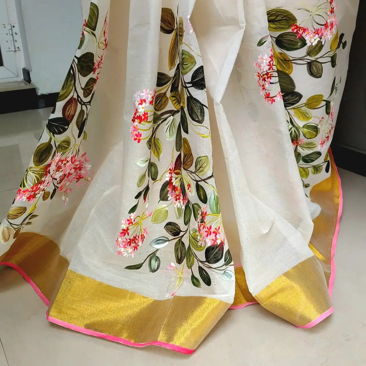 Classic Kerala Saree With Artisanal Boat Race Artwork