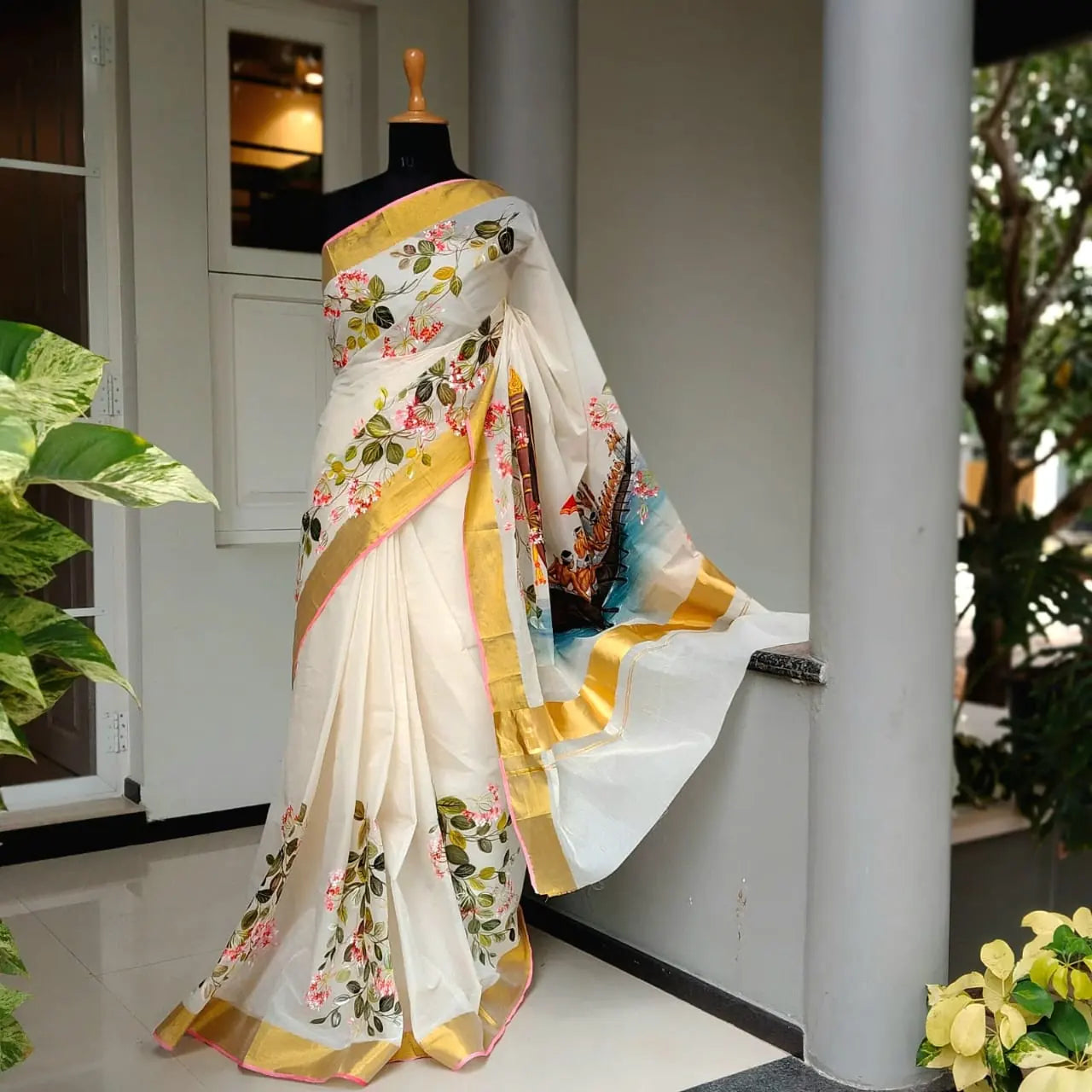 Classic Kerala Saree With Artisanal Boat Race Artwork