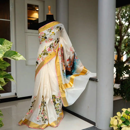 Classic Kerala Saree With Artisanal Boat Race Artwork