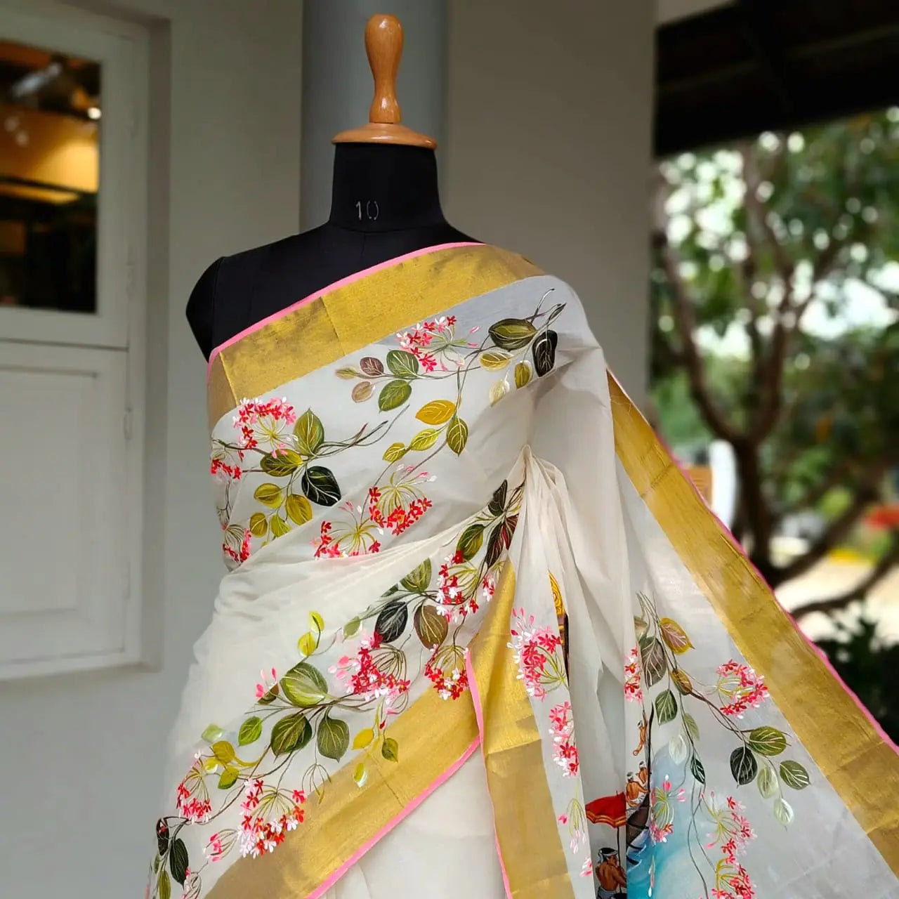 Classic Kerala Saree With Artisanal Boat Race Artwork