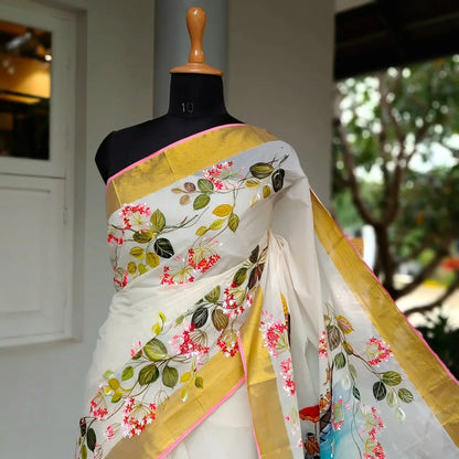 Classic Kerala Saree With Artisanal Boat Race Artwork