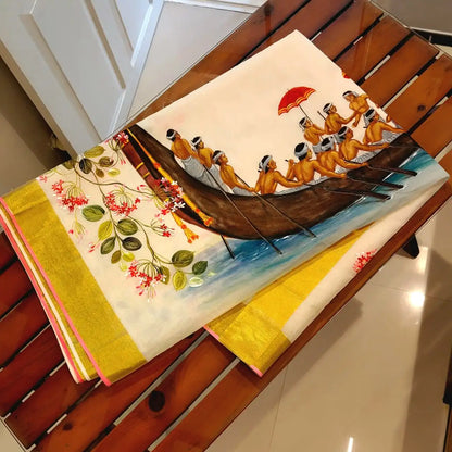 Classic Kerala Saree With Artisanal Boat Race Artwork