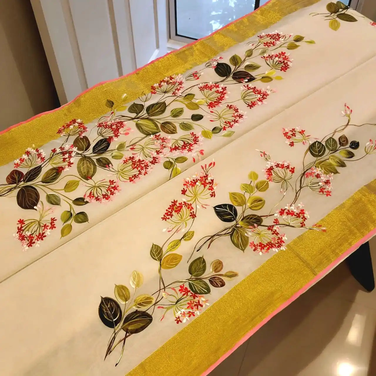 Classic Kerala Saree With Artisanal Boat Race Artwork