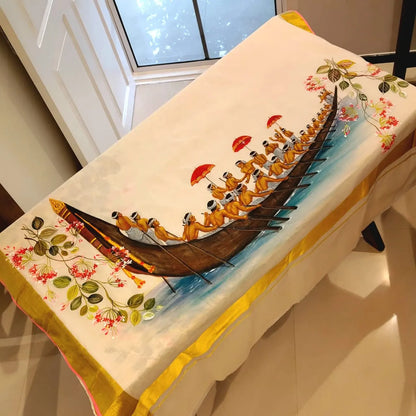 Classic Kerala Saree With Artisanal Boat Race Artwork