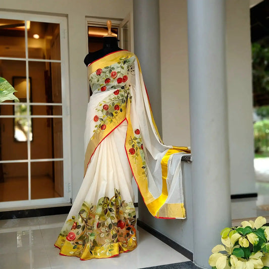 Kasavu Saree With Pomegranate Art