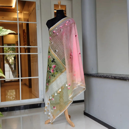 Gorgeous Hand-Painted Kota Doria Dupatta With Wildflowers