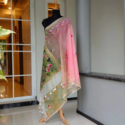 Gorgeous Hand-Painted Kota Doria Dupatta With Wildflowers