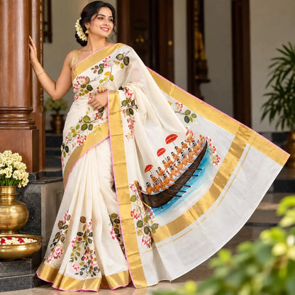 Classic Kerala Saree With Artisanal Boat Race Artwork