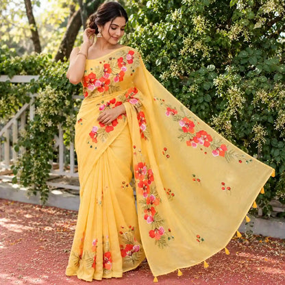 Graceful Hand-Painted Gulmohar Blooms On Soft Mal Chanderi Saree