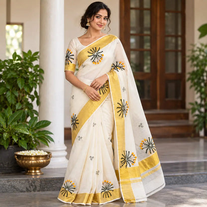Elegant Kerala Kasavu Handloom Saree Adorned With Fne Hand Embroidery And Block Printing