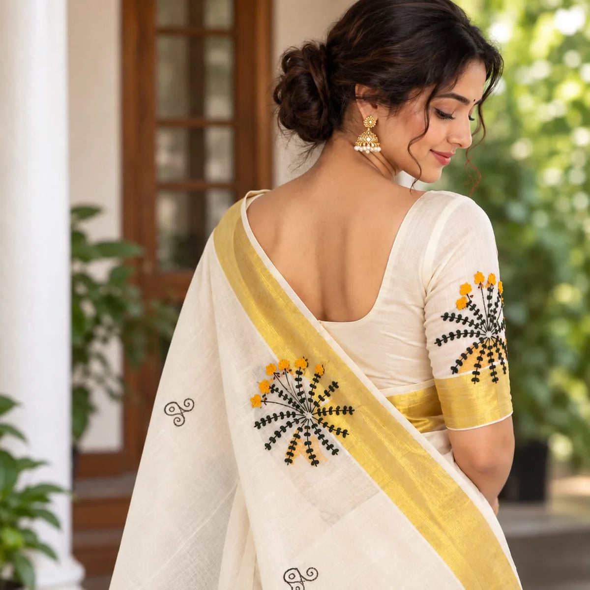 Elegant Kerala Kasavu Handloom Saree Adorned With Fne Hand Embroidery And Block Printing