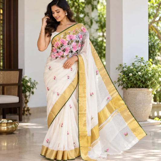 Hand-Painted Kerala Kasavu Saree -Rose Elegance