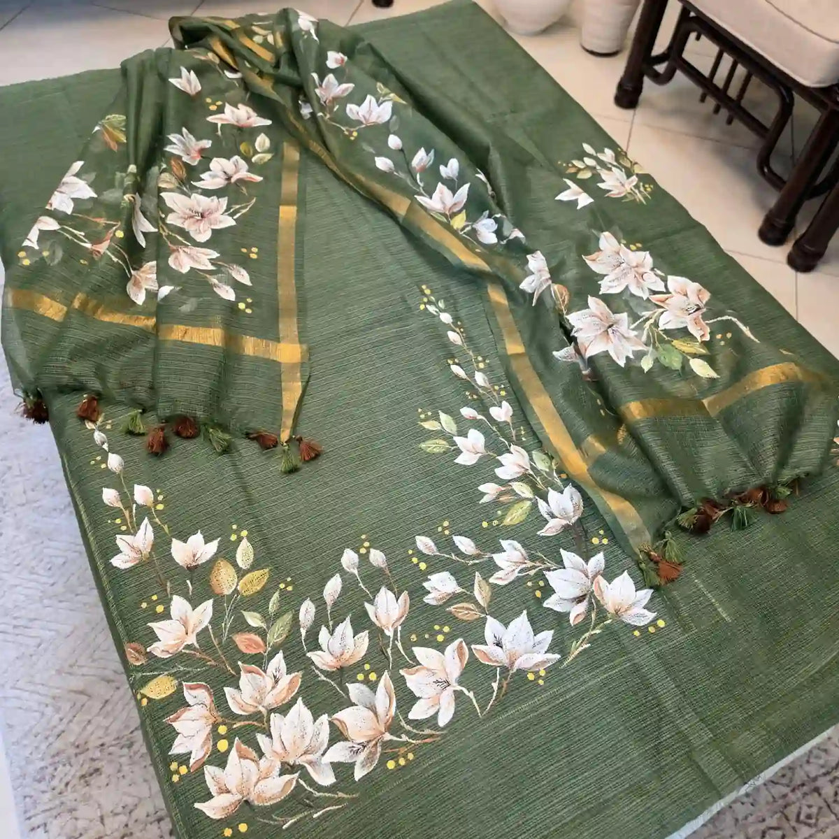 Gracefully Hand-Painted Kota Doria Salwar Set In Beautiful Henna Green