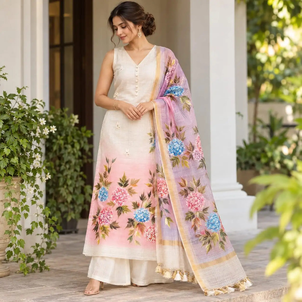 Elegant Floral Story On Kota Doria  Fabric