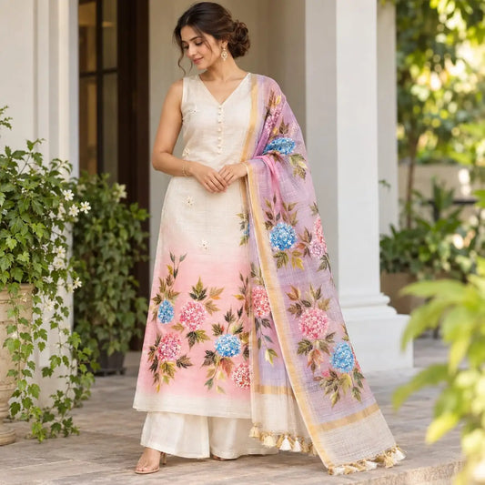 Elegant Floral Story On Kota Doria  Fabric