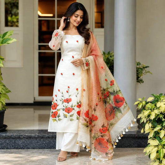 Graceful Florals on Kota Doria Kurta & Dupatta Fabric