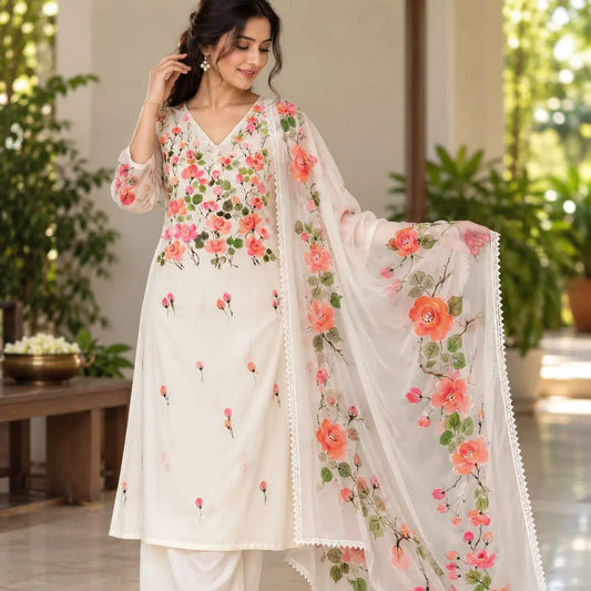 Wild Rose Whispers On Hand-painted Salwar Kameez