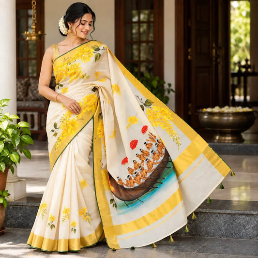 Kasavu Saree Featuring  Hand-Painted Boat Race Motif