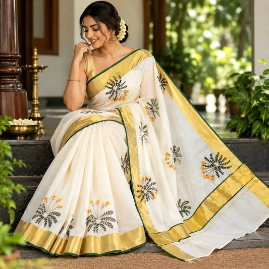 Hand-Painted/ Hand-Embroidered Kerala Saree Adorned With Delicate Wildflower Motifs