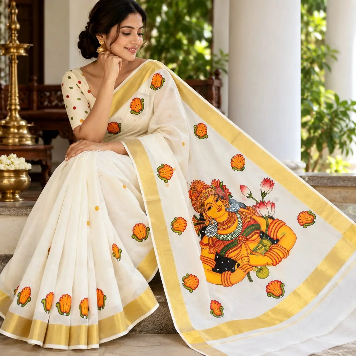 Elegant Kerala Mural Saree, Hand-Painted With Tradition