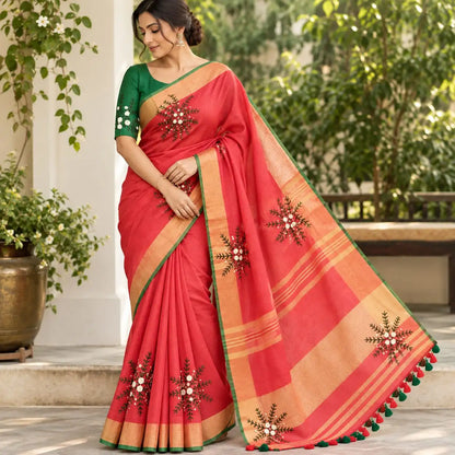 A linen Saree Graced With Hand-Embroidered Elegance