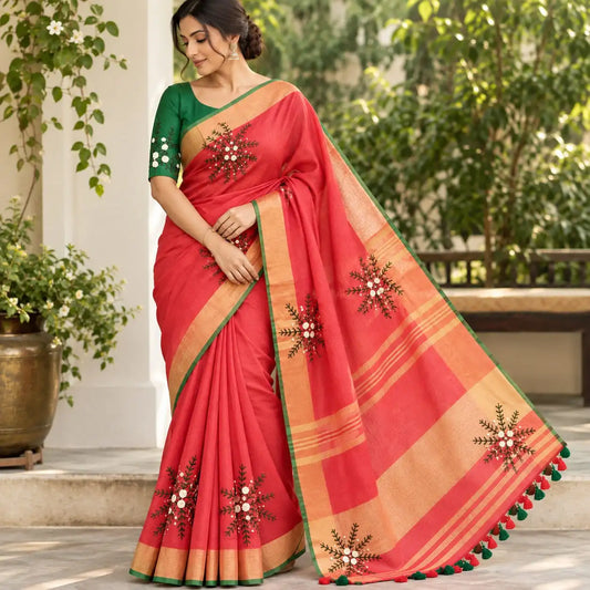 A linen Saree Graced With Hand-Embroidered Elegance
