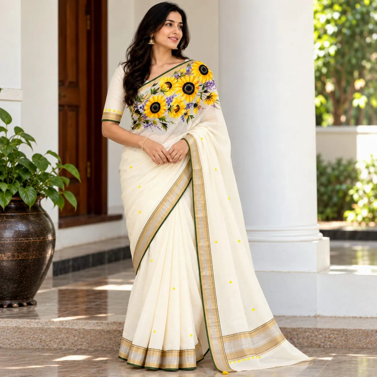 Sunflower Beauty on Kerala saree.