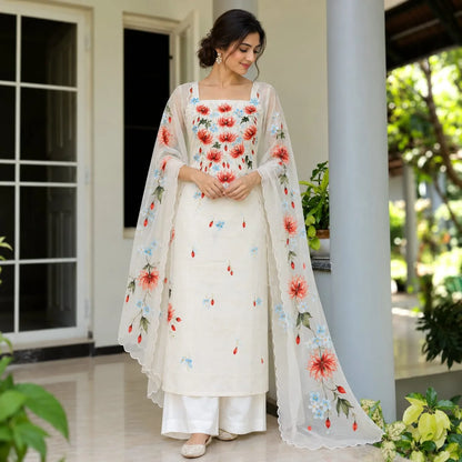 Ethereal Elegance In White, Adorned With Hand-Painted Wildflowers