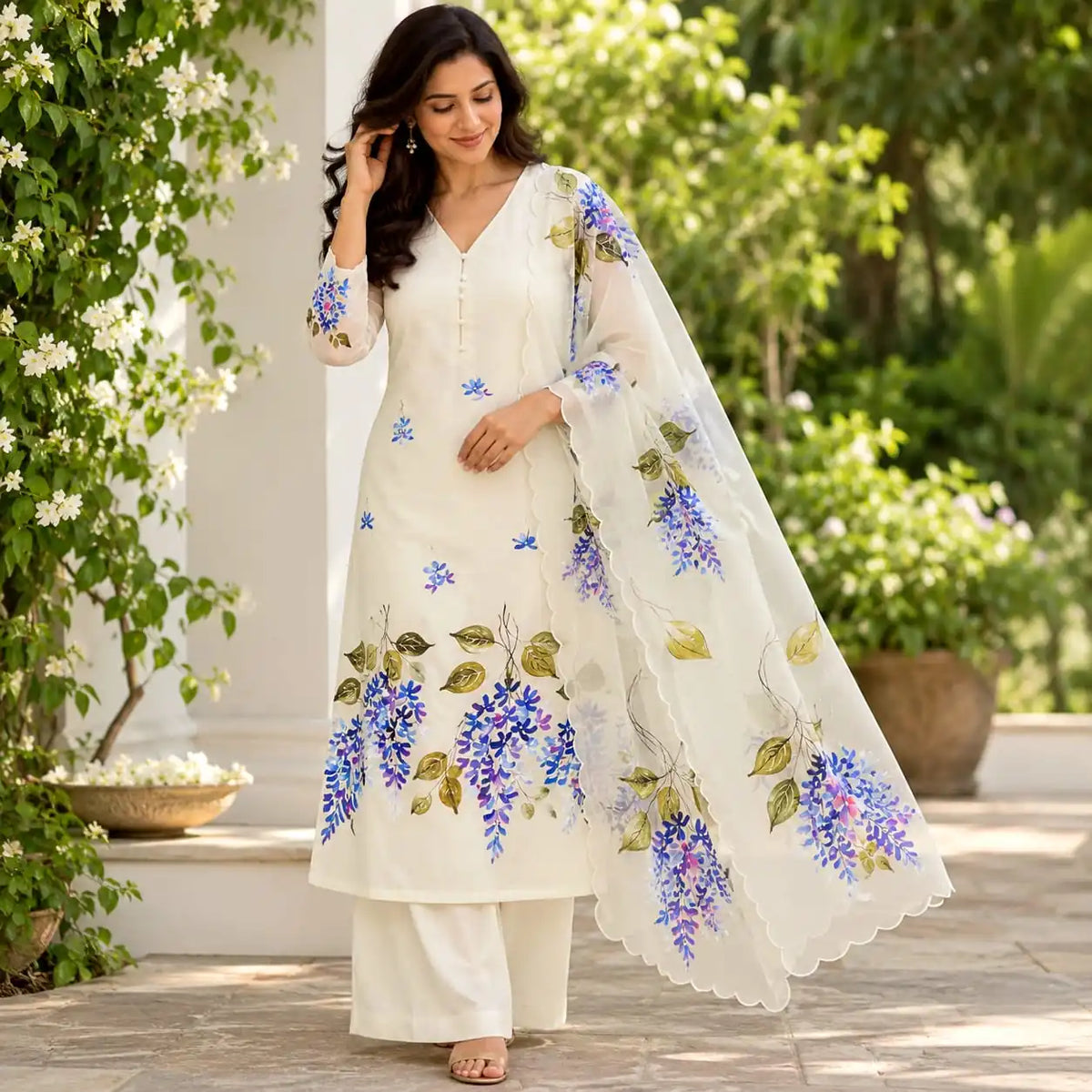 Exquisitely Handpainted Soft Cotton /Organza Kurti Set