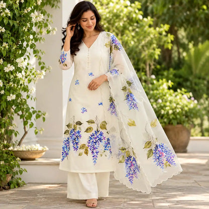 Exquisitely Handpainted Soft Cotton /Organza Kurti Set