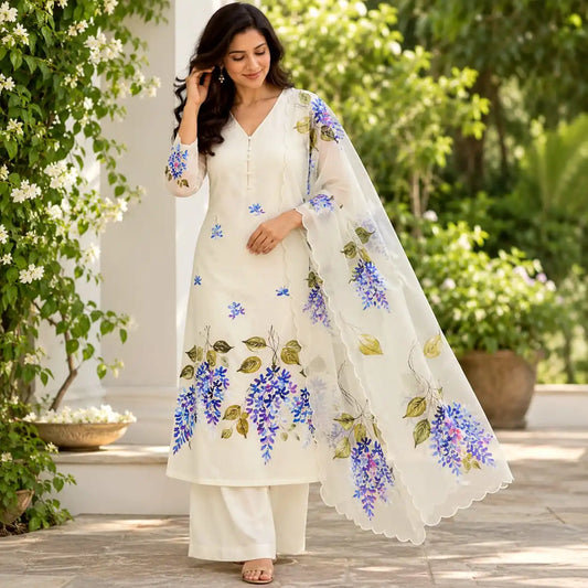 Exquisitely Handpainted Soft Cotton /Organza Kurti Set