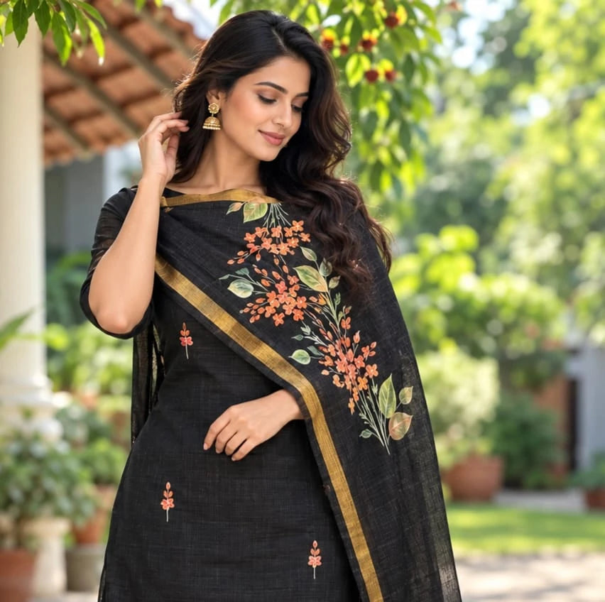 Graceful Black Kota Doria Suit Set