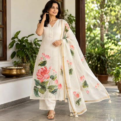 Delicate Lotus Motifs Hand-Painted On Kota Doria Set