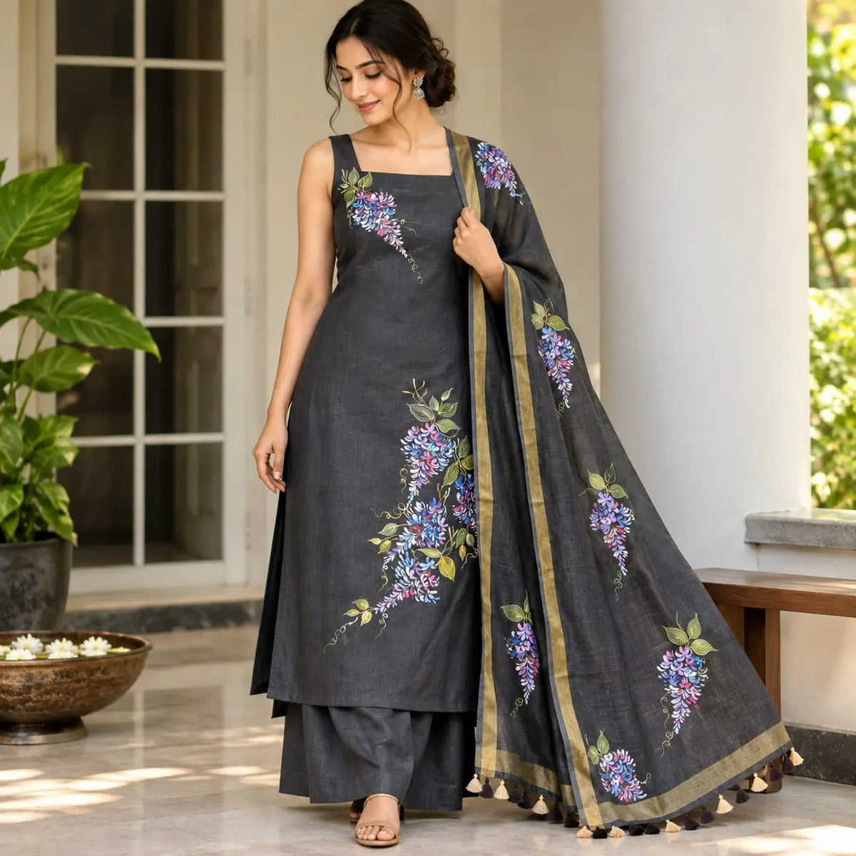Violet Flowers Hand-Pianted on Line Salwar Kameez Set