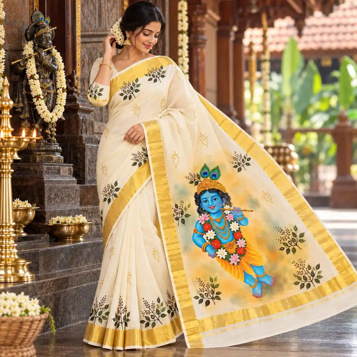 Kerala Saree With Elegant Hand-Painted Little Krishna Motif