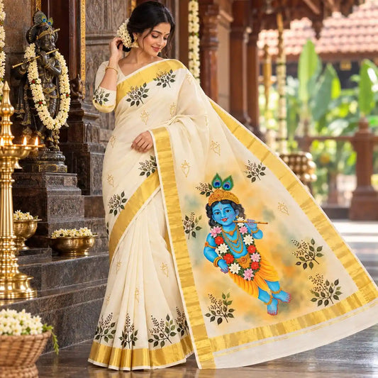 Kerala Saree With Elegant Hand-Painted Little Krishna Motif