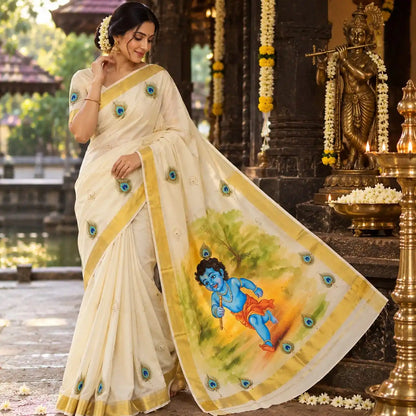 Hand-Painted Kerala Kasavu Saree Celebrating Baby Krishna