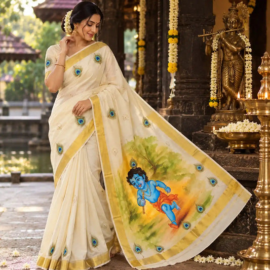 Hand-Painted Kerala Kasavu Saree Celebrating Baby Krishna