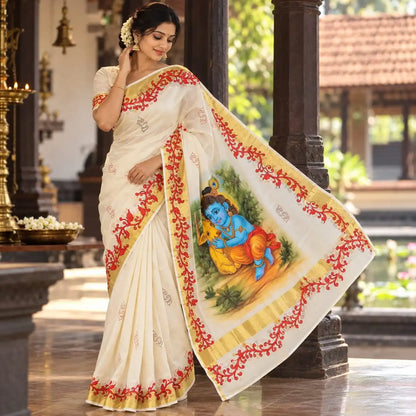 Graceful Kasavu drape with Baby Krishna Painting