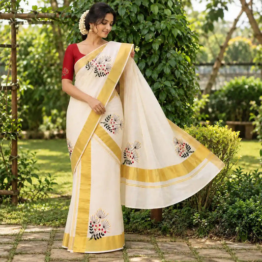Elegant Hand-Embroidered Kerala Traditional Set Mundu
