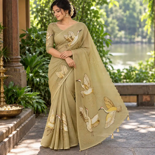 Artful Beauty On Sheer Organza Silk Saree
