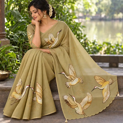 Artful Beauty On Sheer Organza Silk Saree