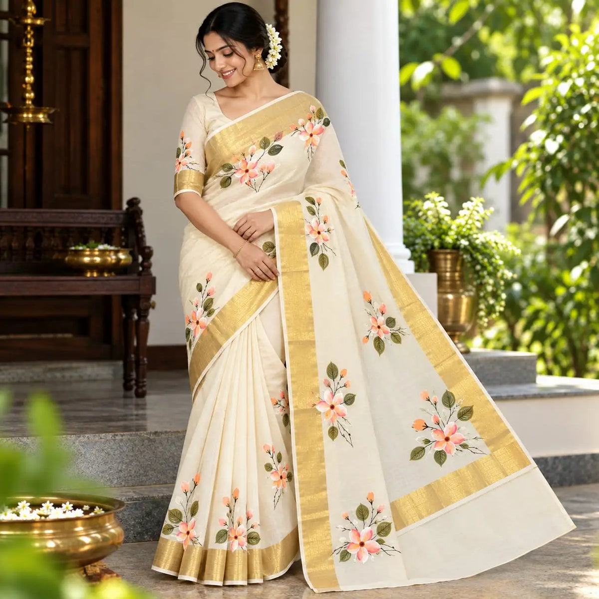 Graceful Kerala Saree With Hand-Painted Plumerias