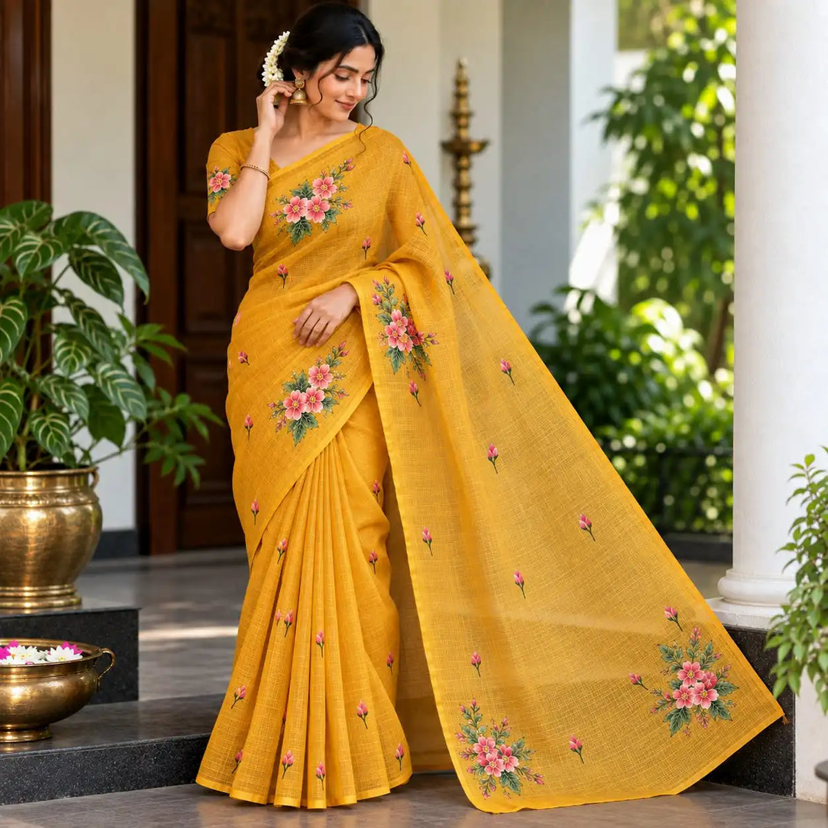 Elegant Kota Silk Saree Hand-Painted With Pretty Floral Designs.
