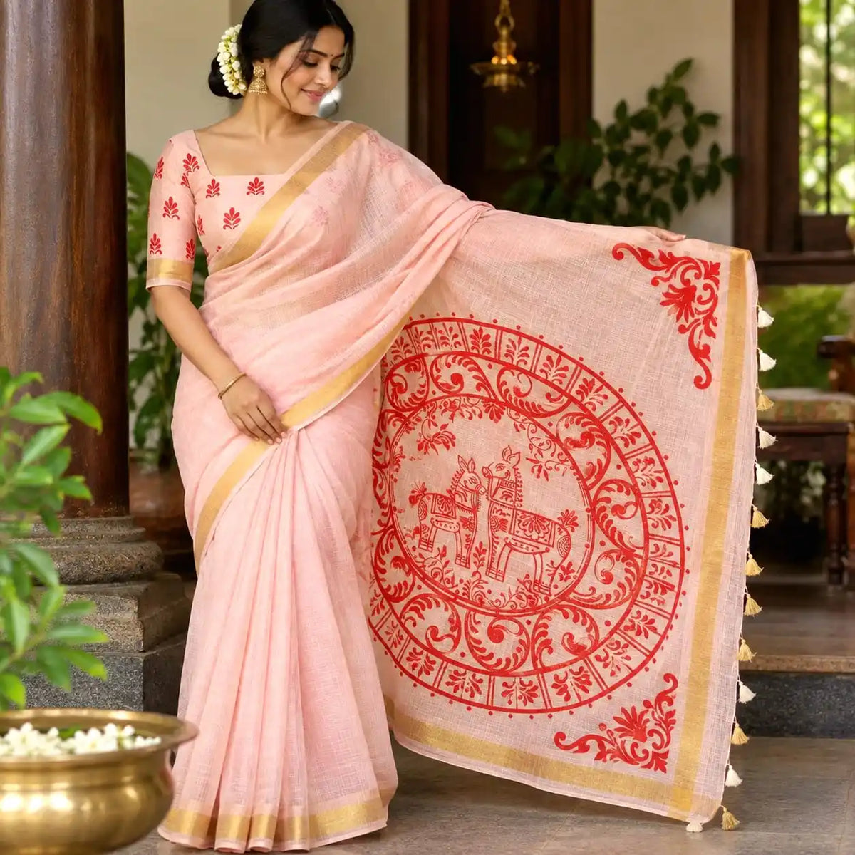 Graceful Alpona motifs Hand-Painted On Soft Kota Doria Saree