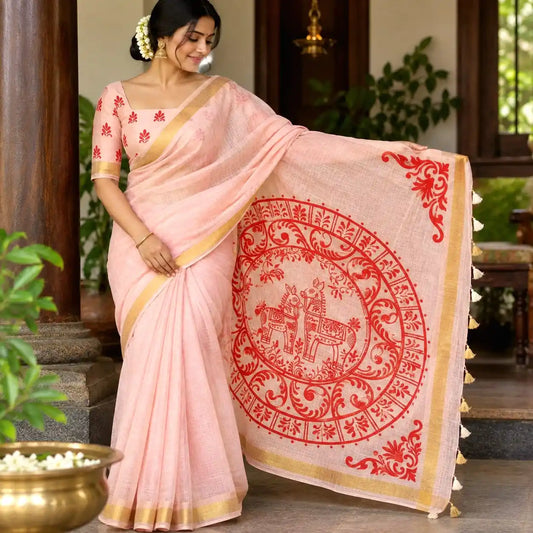 Graceful Alpona motifs Hand-Painted On Soft Kota Doria Saree