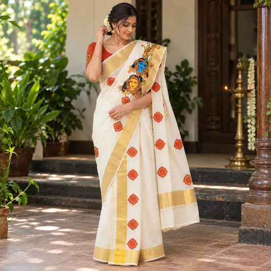 Hand-painted Set-Mundu In Kerala Mural Style