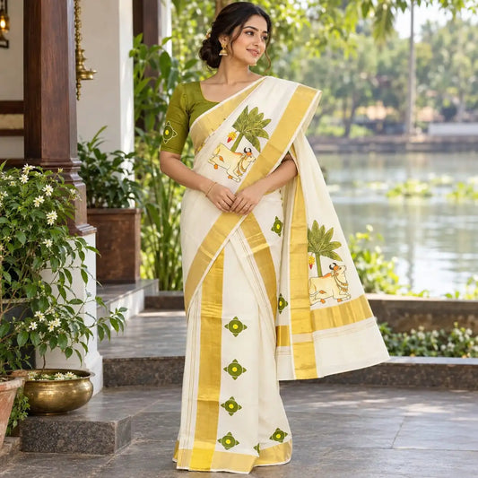 Pichwai Inspired Hand-Painted Mundu Set Mundu