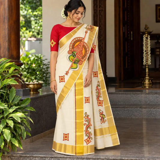 Traditional Hand-Painted Kerala Set Mundu - perfect for festivities or gifting!
