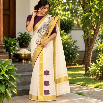 Hand-Painted Kerala Mural Set Mundu